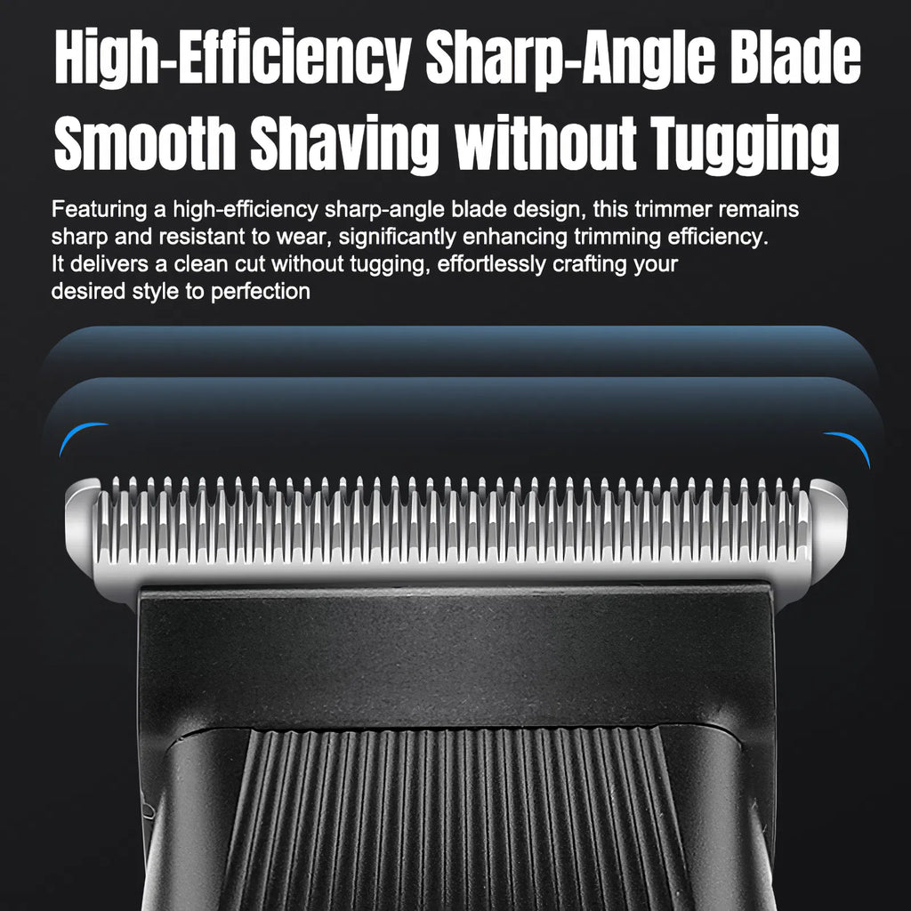 Close-up of a black beard trimmer head with sharp metal blades against a black background with promotional text.