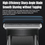 Close-up of a black beard trimmer head with sharp metal blades against a black background with promotional text.
