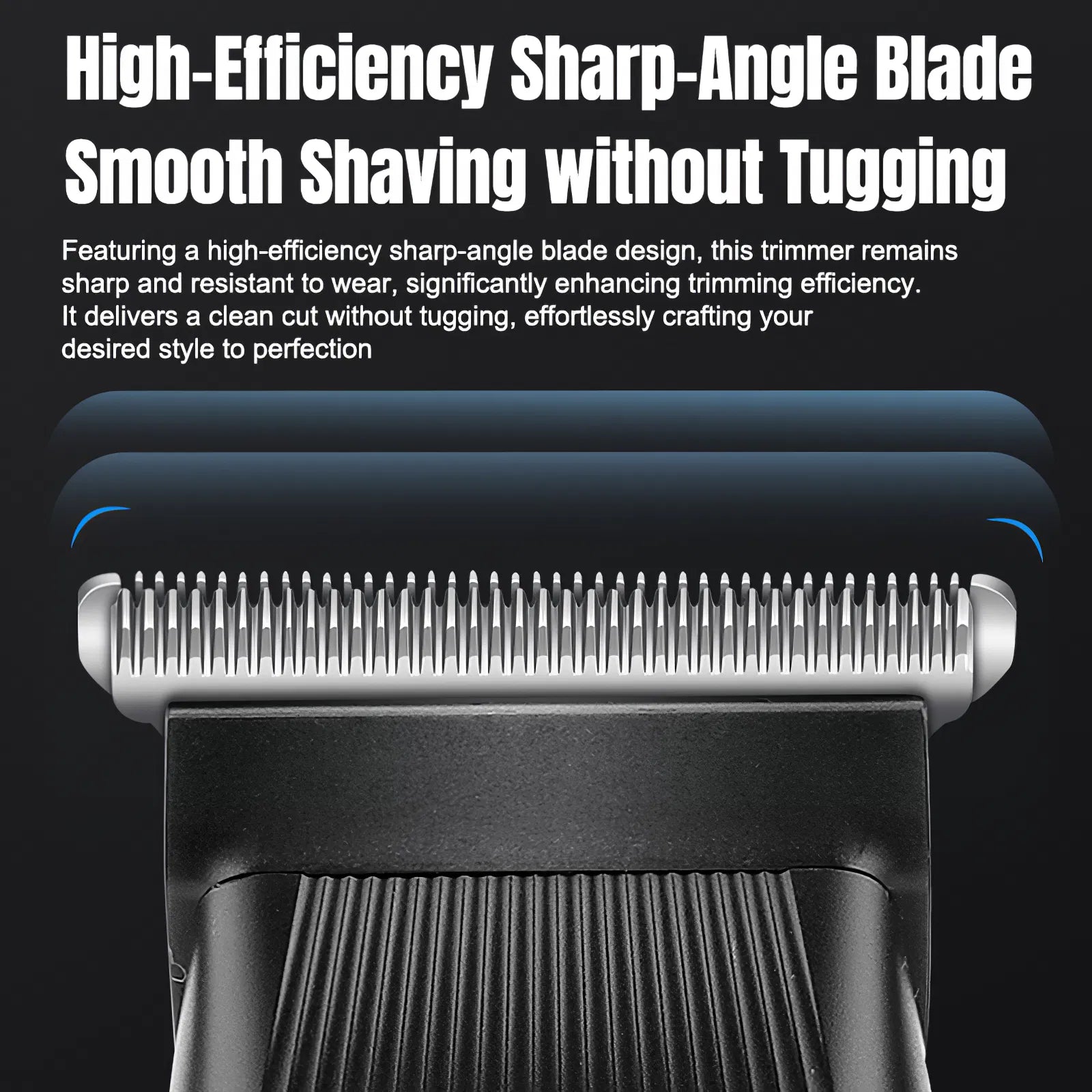 Close-up of a black beard trimmer head with sharp metal blades against a black background with promotional text.