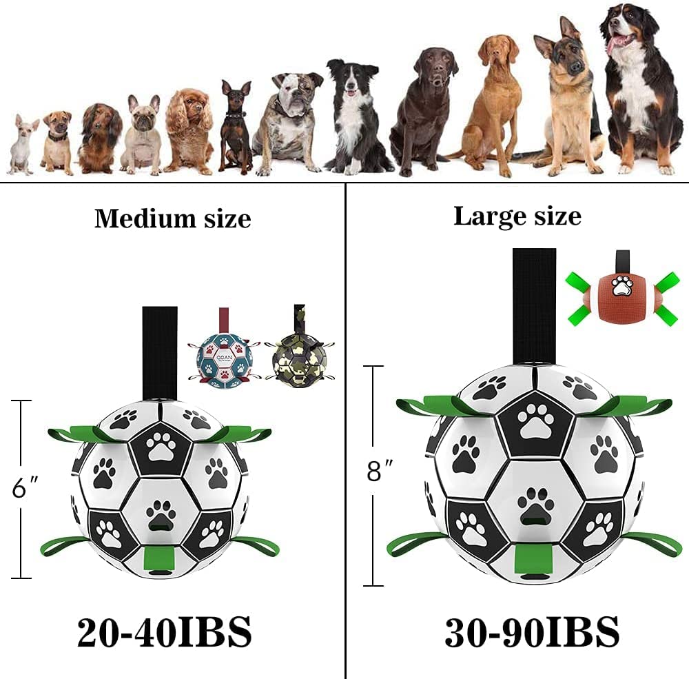 Black and white paw-print soccer dog toys with grab tabs, available in 6-inch and 8-inch sizes for various dog breeds.