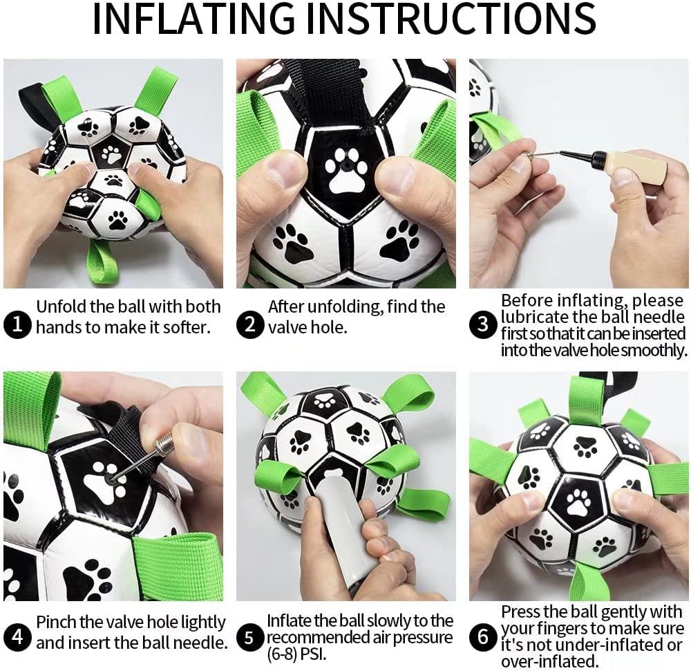 Six-step visual guide for inflating a black-and-white soccer ball dog toy with green nylon grab tabs.