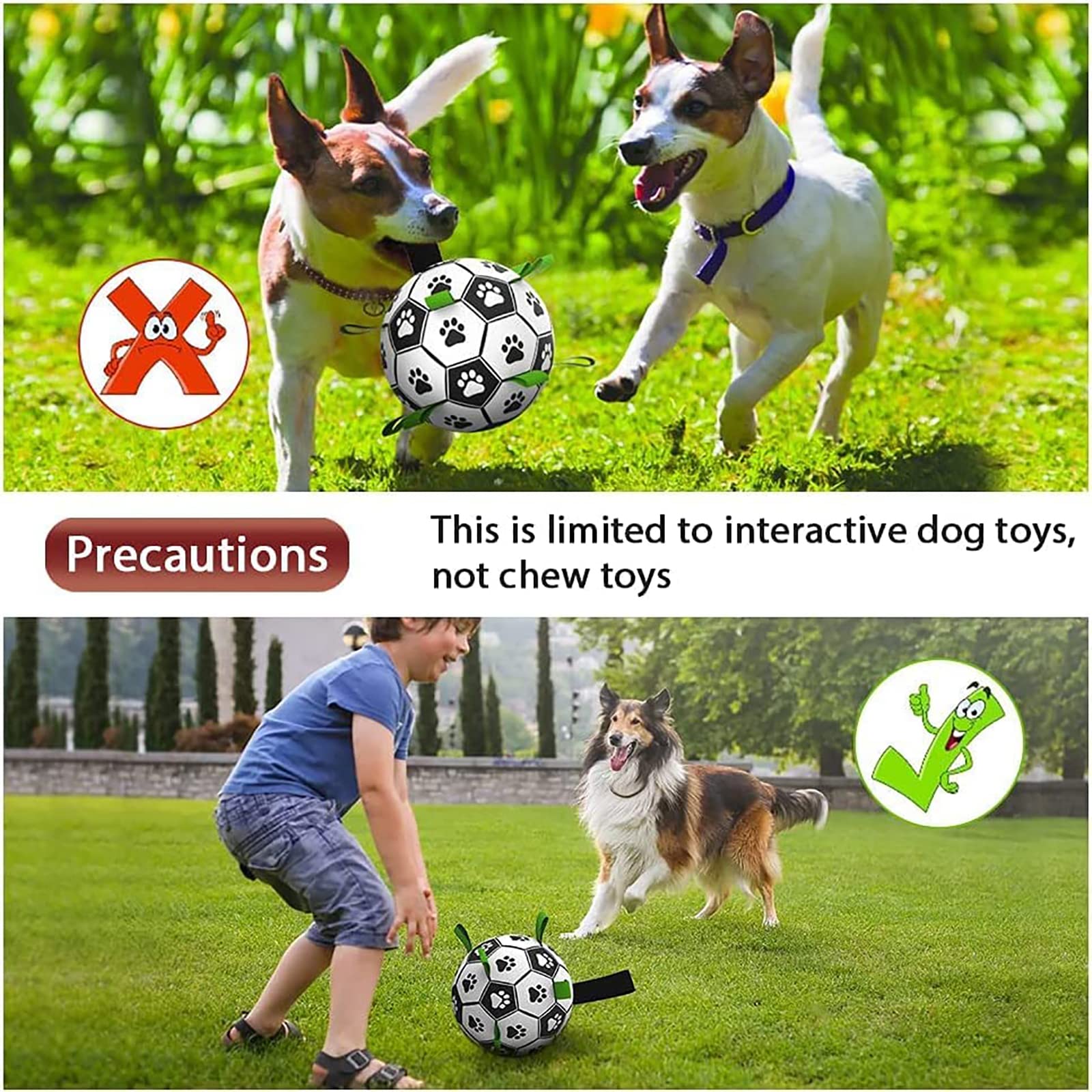 Black and white interactive dog soccer ball with green nylon tabs for outdoor play on grass.