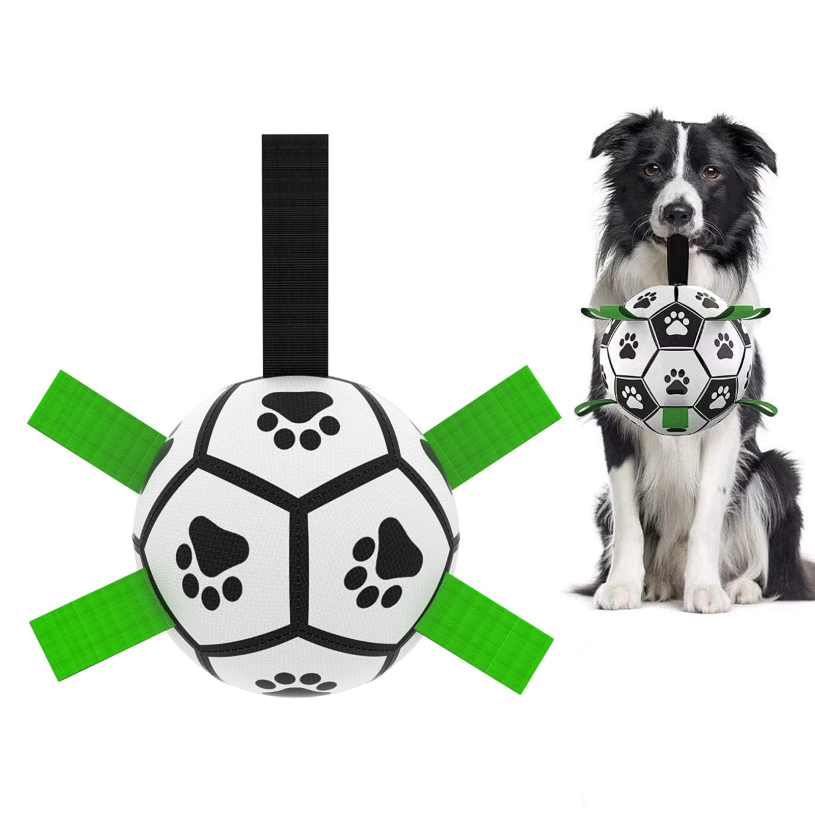 Black and white paw-print soccer ball toy with green nylon grab tabs, held by a Border Collie.