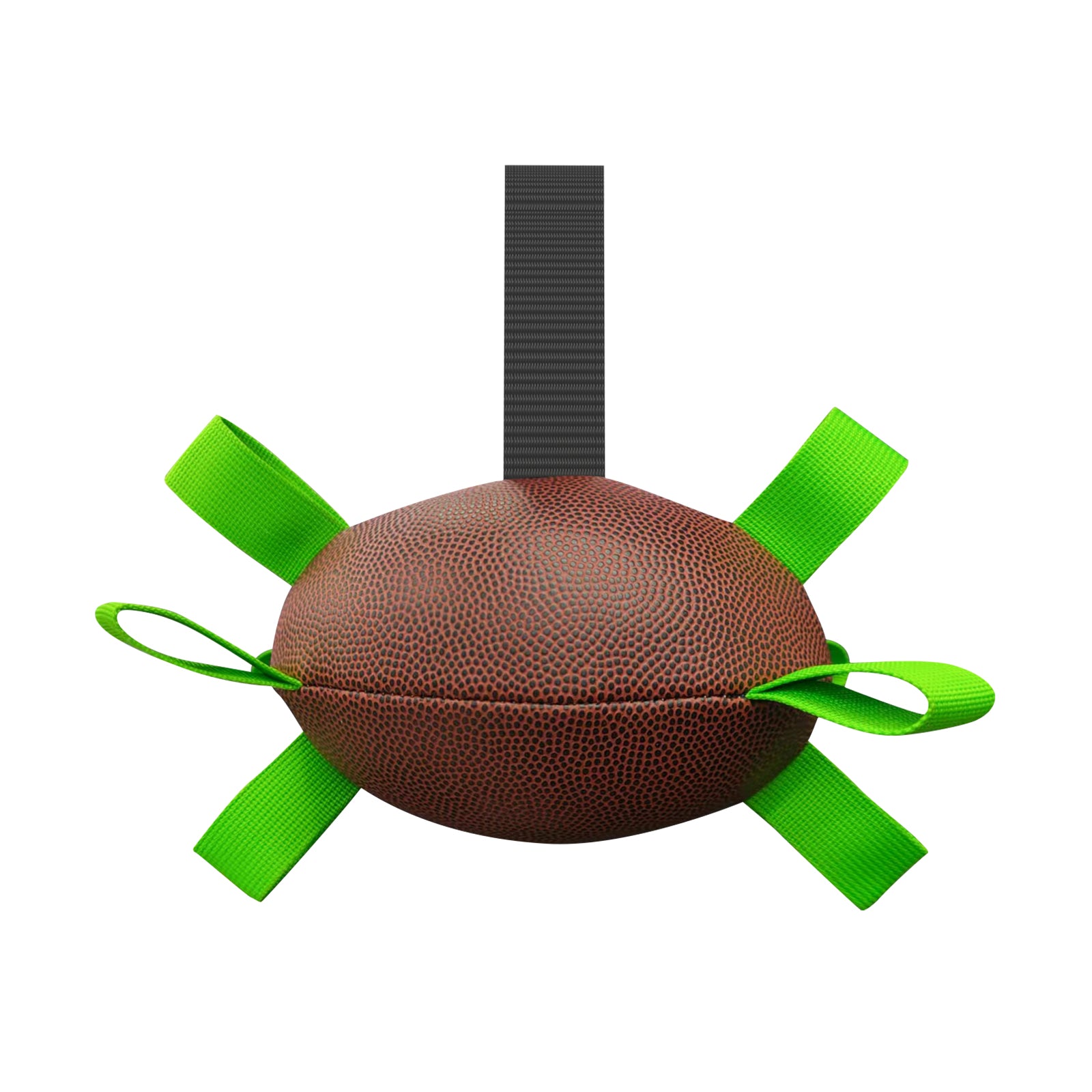 Brown textured football toy for dogs featuring multiple neon green fabric grab tabs and a black handle.