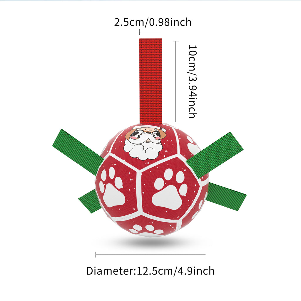 Red and white Christmas dog soccer ball with nylon grip tabs, Santa graphic, and paw print patterns. 4.9-inch diameter.