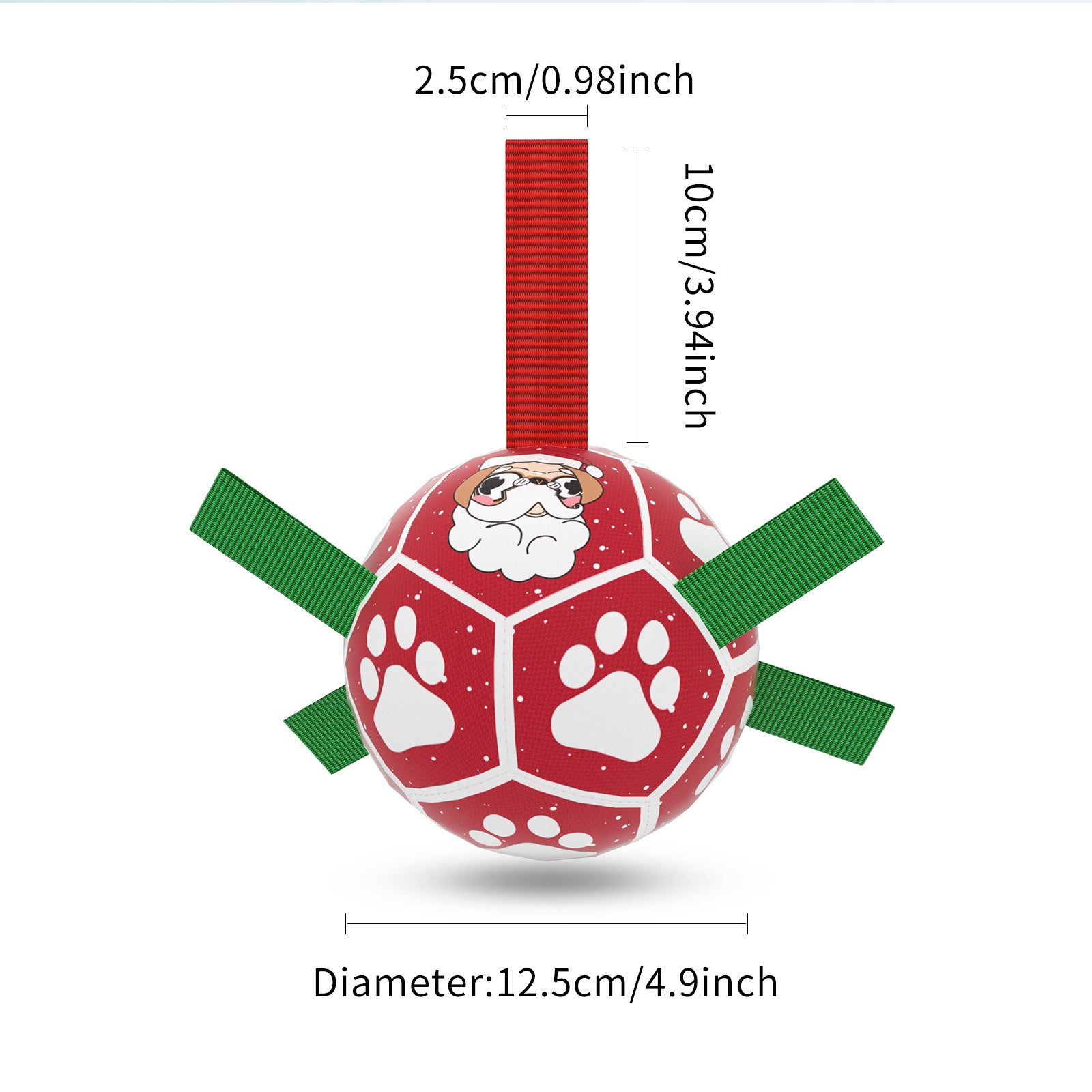 Red and white Christmas dog soccer ball with nylon grip tabs, Santa graphic, and paw print patterns. 4.9-inch diameter.