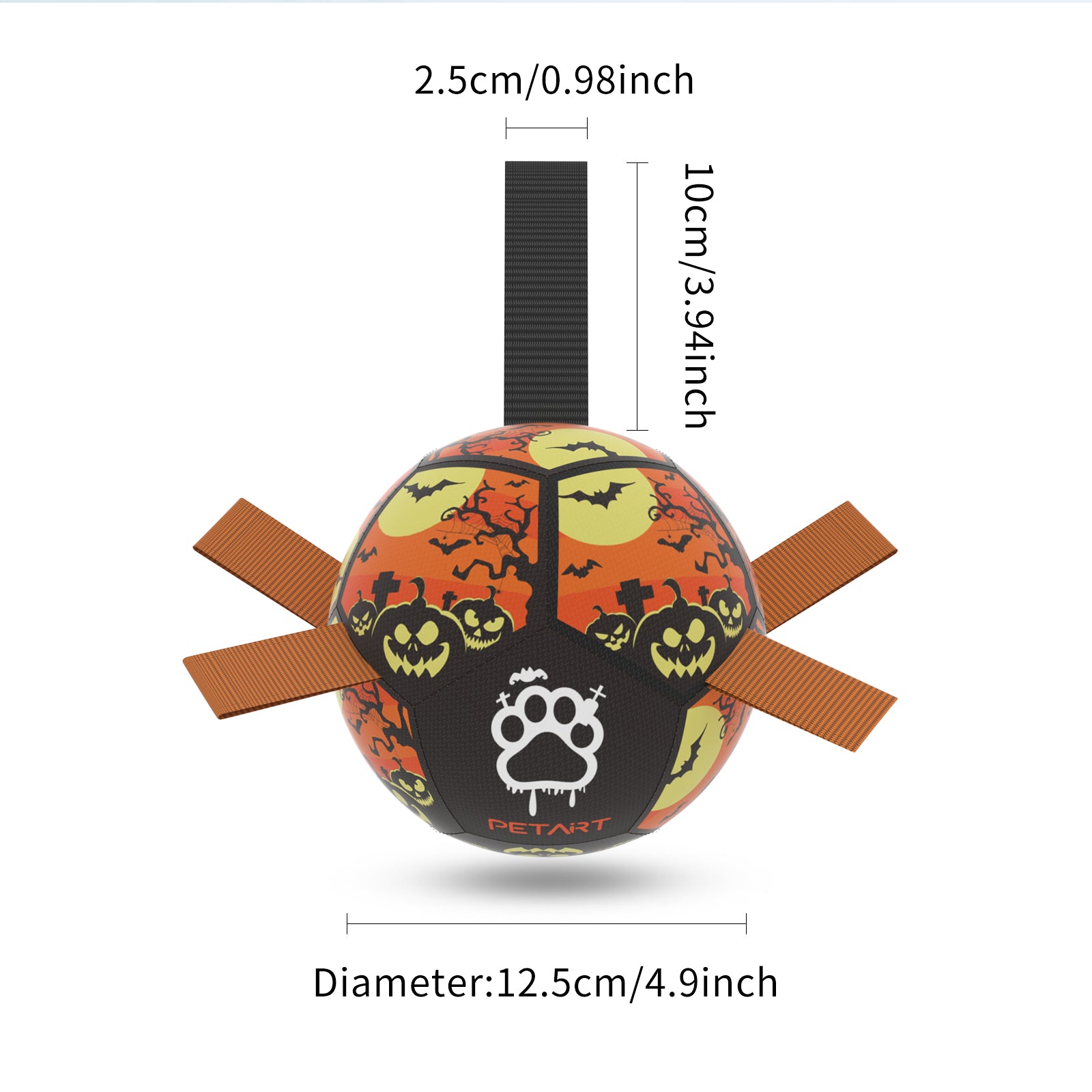 Halloween-themed dog soccer ball with nylon grab tabs, featuring pumpkin and bat prints on an orange and black surface.