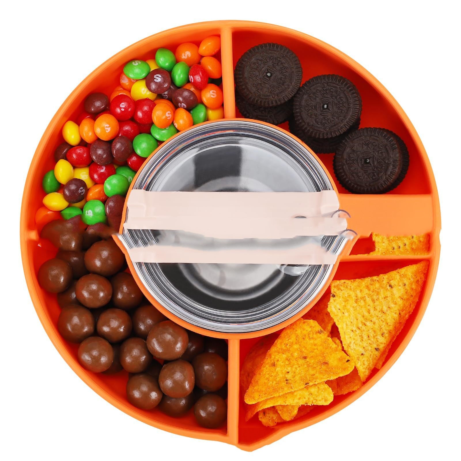 Orange silicone 4-compartment snack bowl for 40oz tumblers, filled with candy, cookies, and chips. Top-down view.