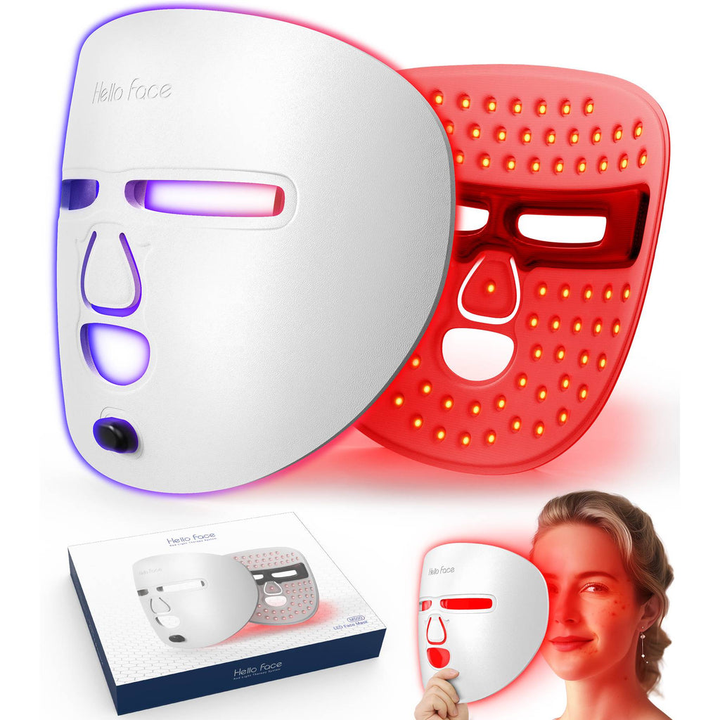 White and red LED light therapy masks with facial cutouts, shown with product packaging and a model.