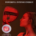 A woman uses a red LED therapy face mask with 4-chip light technology. Concise design for deep cellular activation.