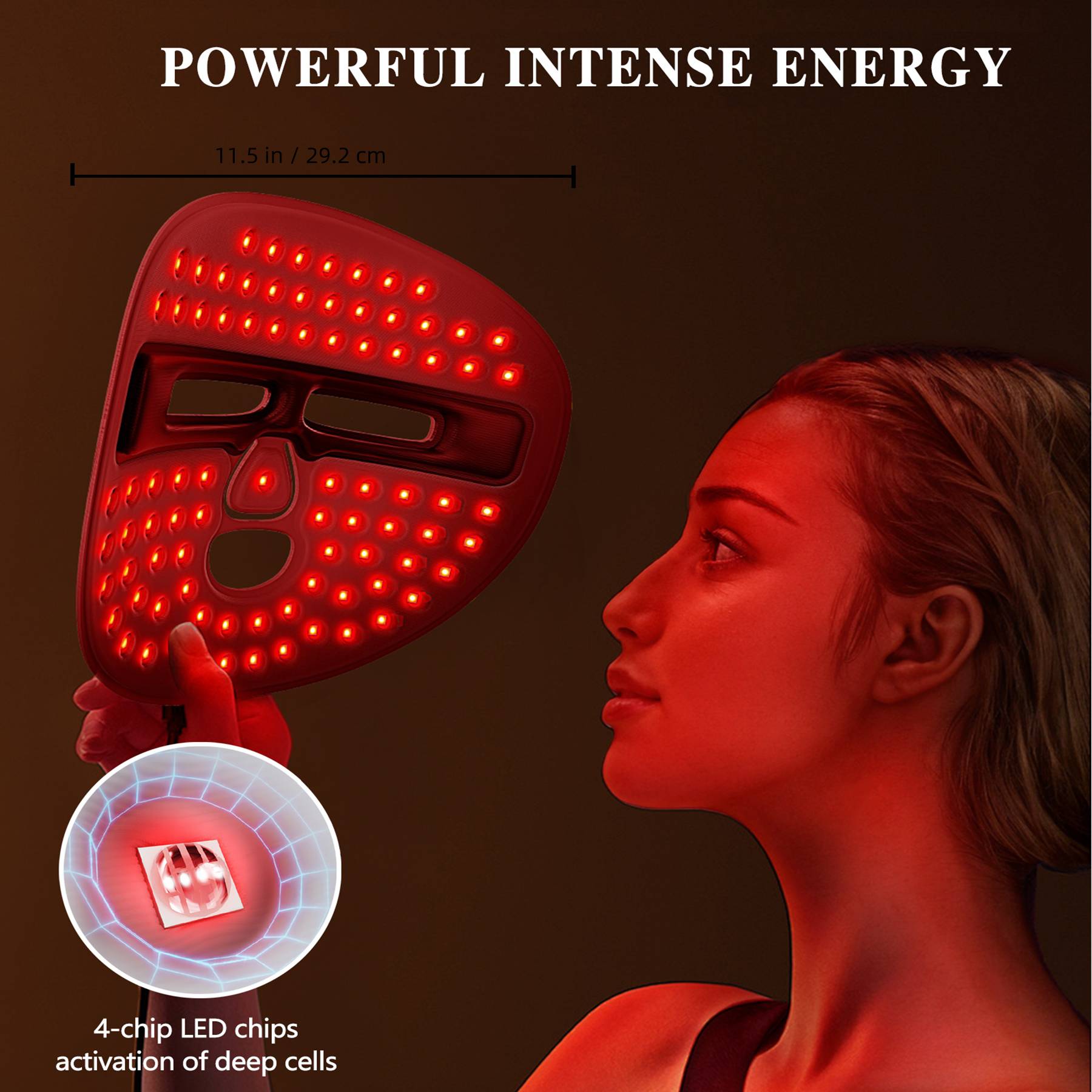 A woman uses a red LED therapy face mask with 4-chip light technology. Concise design for deep cellular activation.