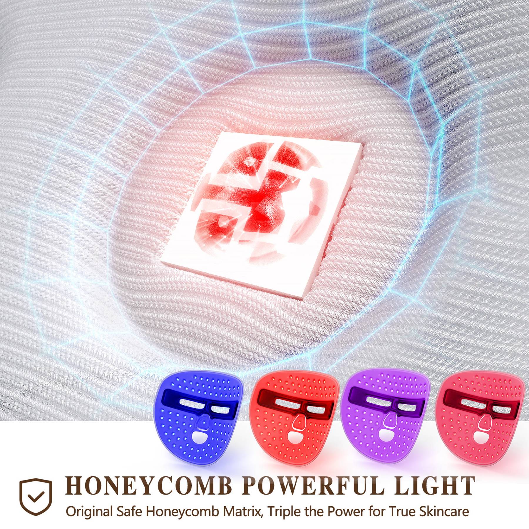 Four silicone LED face masks in blue, red, purple, and pink, featuring a honeycomb matrix design for light therapy.