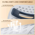 Soft white Lycra LED face mask with eye-blocking padding and embedded red light therapy nodes for skin care.