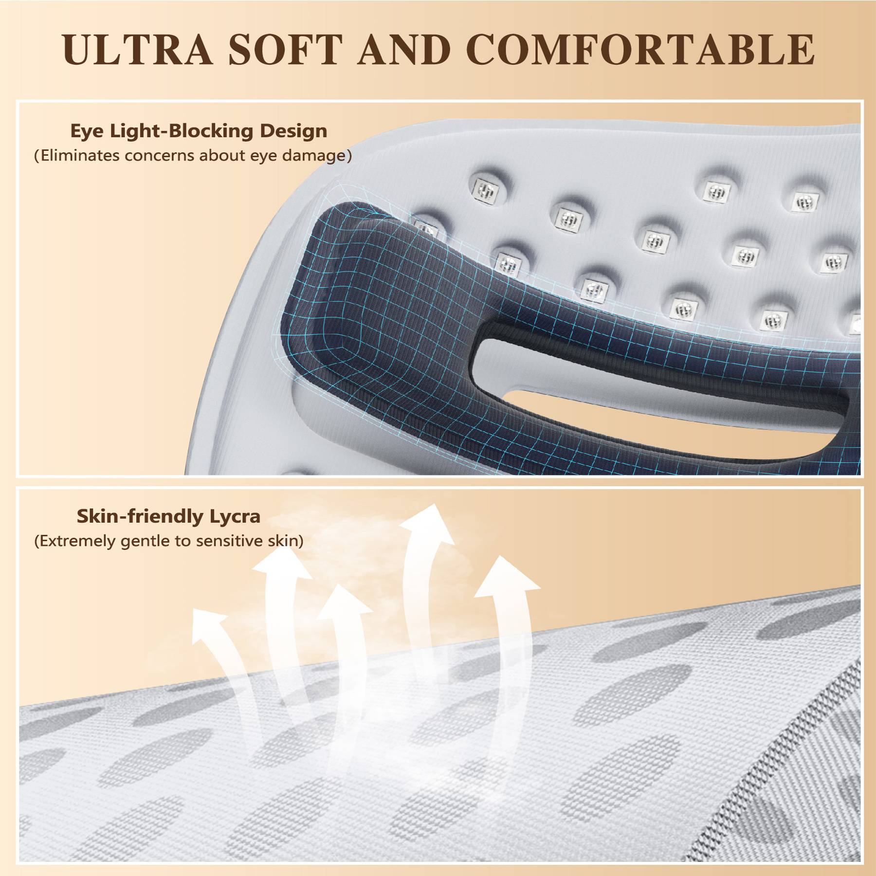 Soft white Lycra LED face mask with eye-blocking padding and embedded red light therapy nodes for skin care.
