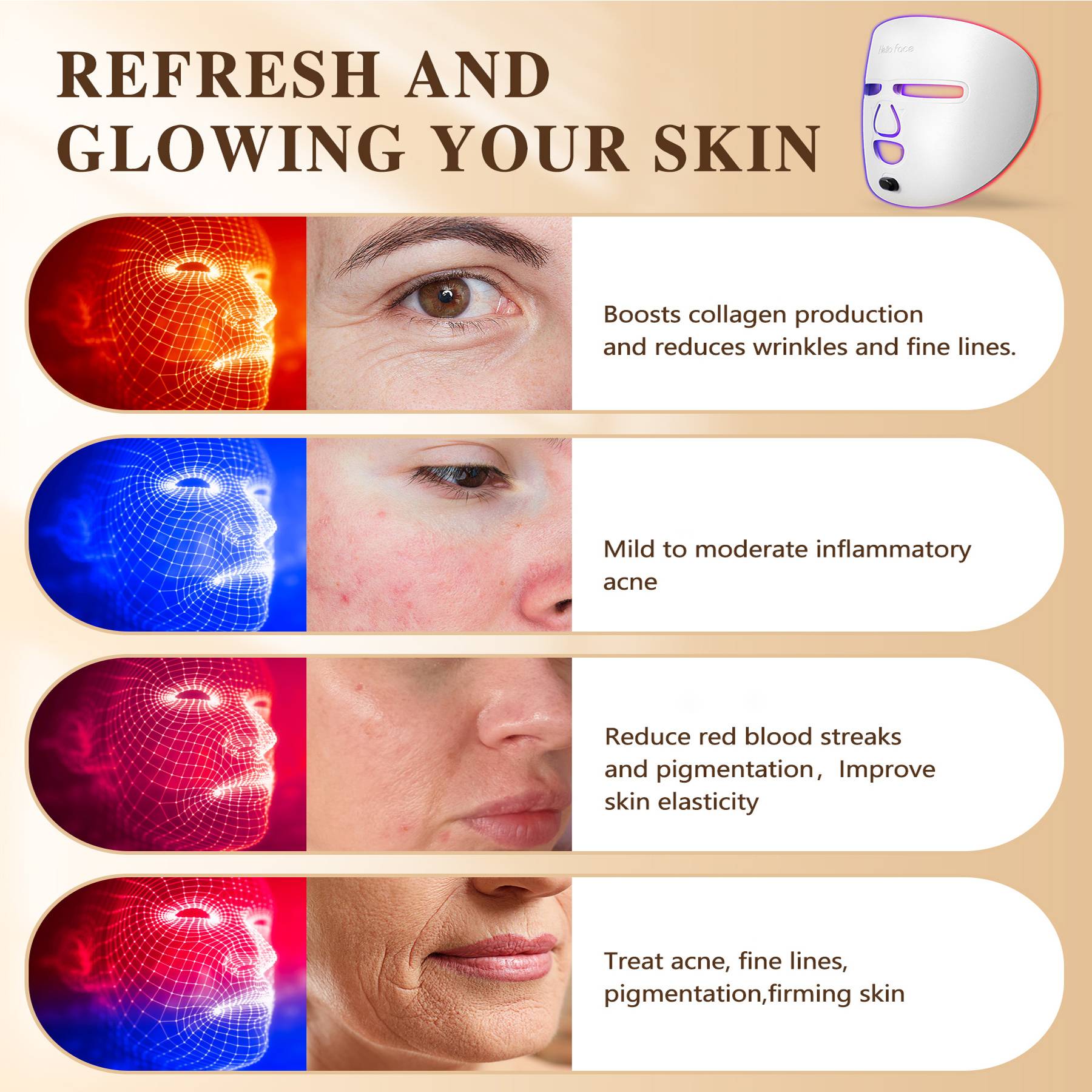 White LED light therapy face mask showing red, blue, and mixed light modes to improve skin for anti-aging and acne.