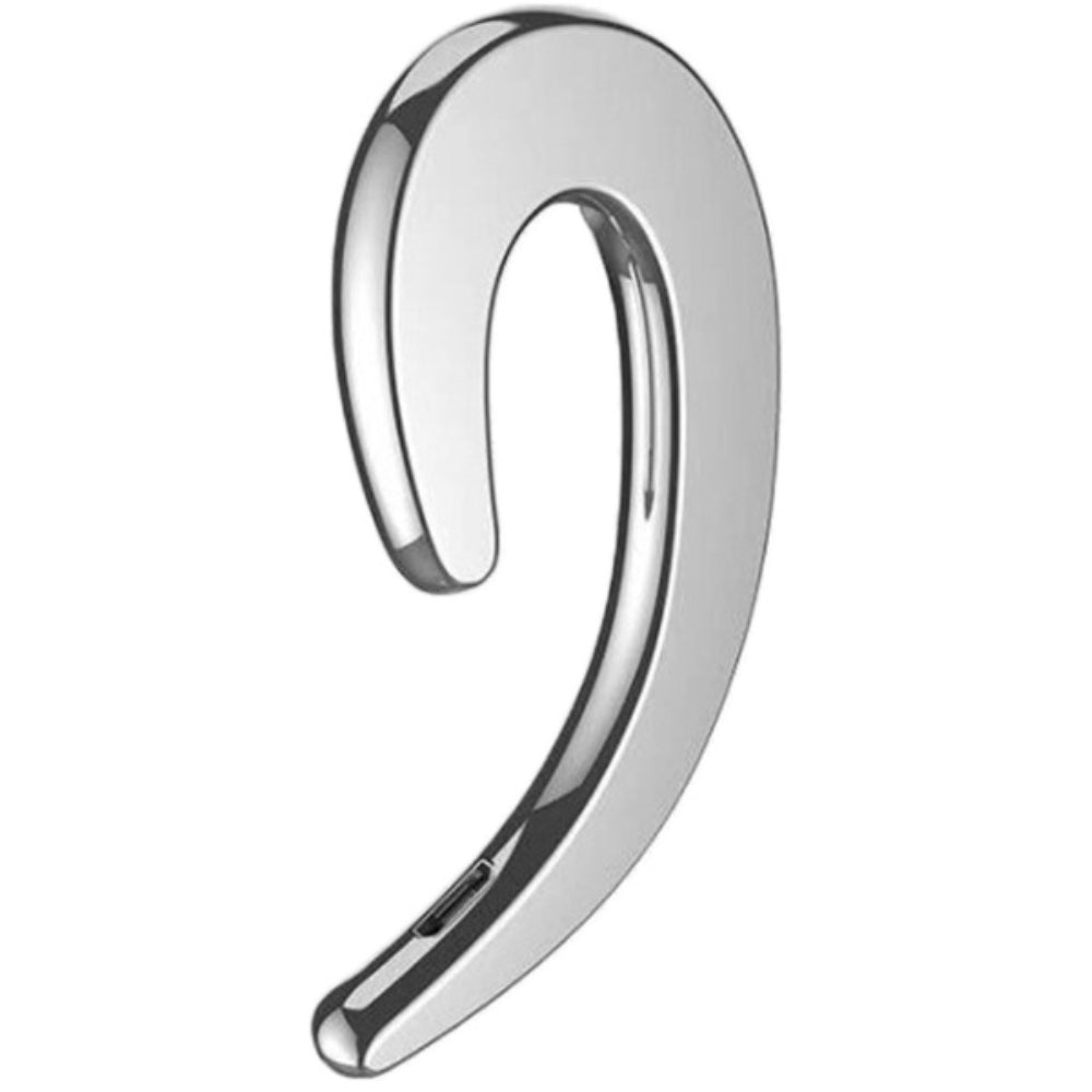 Silver, U-shaped bone conduction Bluetooth earbud with a sleek, reflective metallic finish.