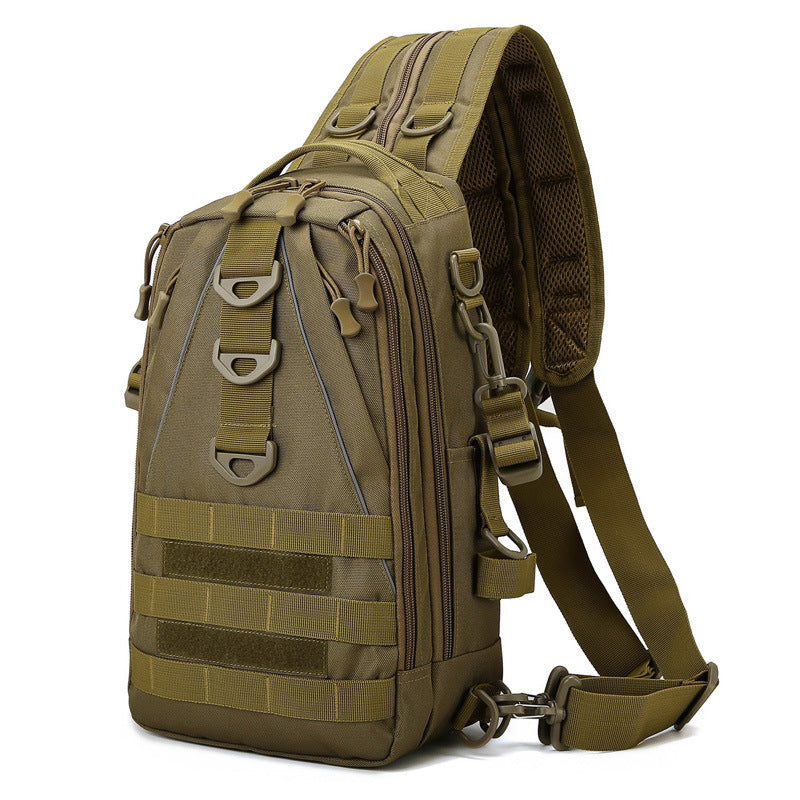 Olive green tactical-style fishing sling backpack with MOLLE webbing, multiple zippers, and a padded shoulder strap.