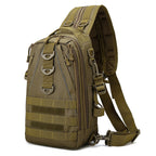 Olive green tactical sling fishing backpack with multi-layer pockets, Molle webbing, and adjustable padded shoulder strap.