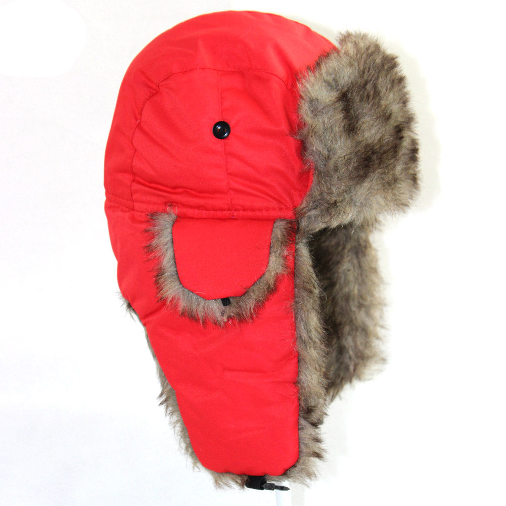 Bright red waterproof winter trapper hat with brown faux fur lining and ear flaps against a white background.