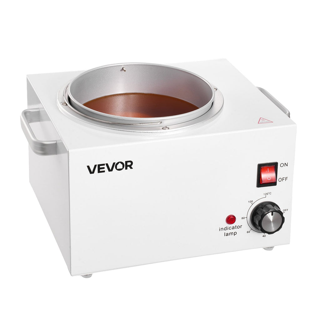White 3000ml VEVOR wax warmer for hair removal with metal basin, temperature dial, power switch, and indicator light.