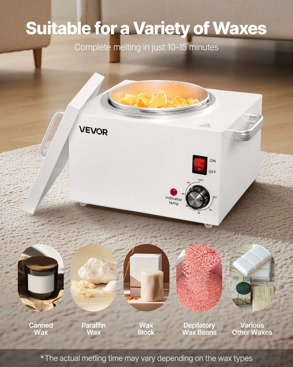 White 3000ml wax warmer with a metal heating pot, lid, temperature knob, and indicator light on a rug.
