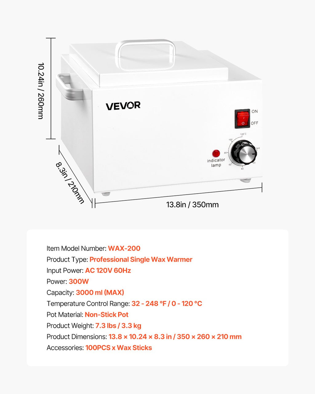 White 3000ml professional wax warmer with adjustable temperature knob, indicator light, power switch, and dimensions.