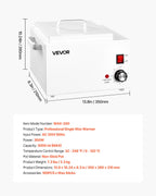 White 3000ml professional wax warmer with adjustable temperature knob, indicator light, power switch, and dimensions.