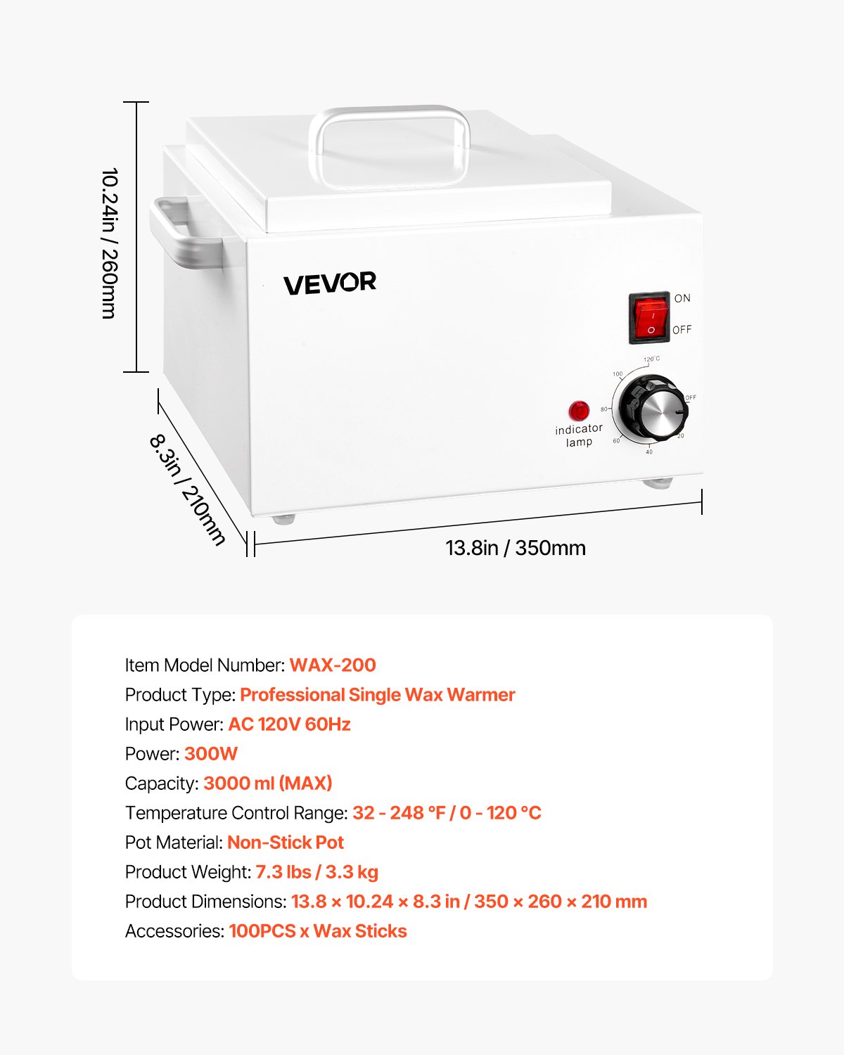 White 3000ml professional wax warmer with adjustable temperature knob, indicator light, power switch, and dimensions.