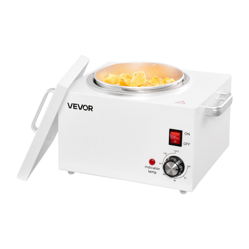 White 3000ml VEVOR wax warmer for hair removal with metal pot, temperature dial, power switch, and indicator lamp.