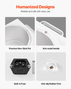 Close-up of white 3000ml wax warmer features: non-stick pot, anti-scald handle, built-in fuse, and anti-slip rubber foot.