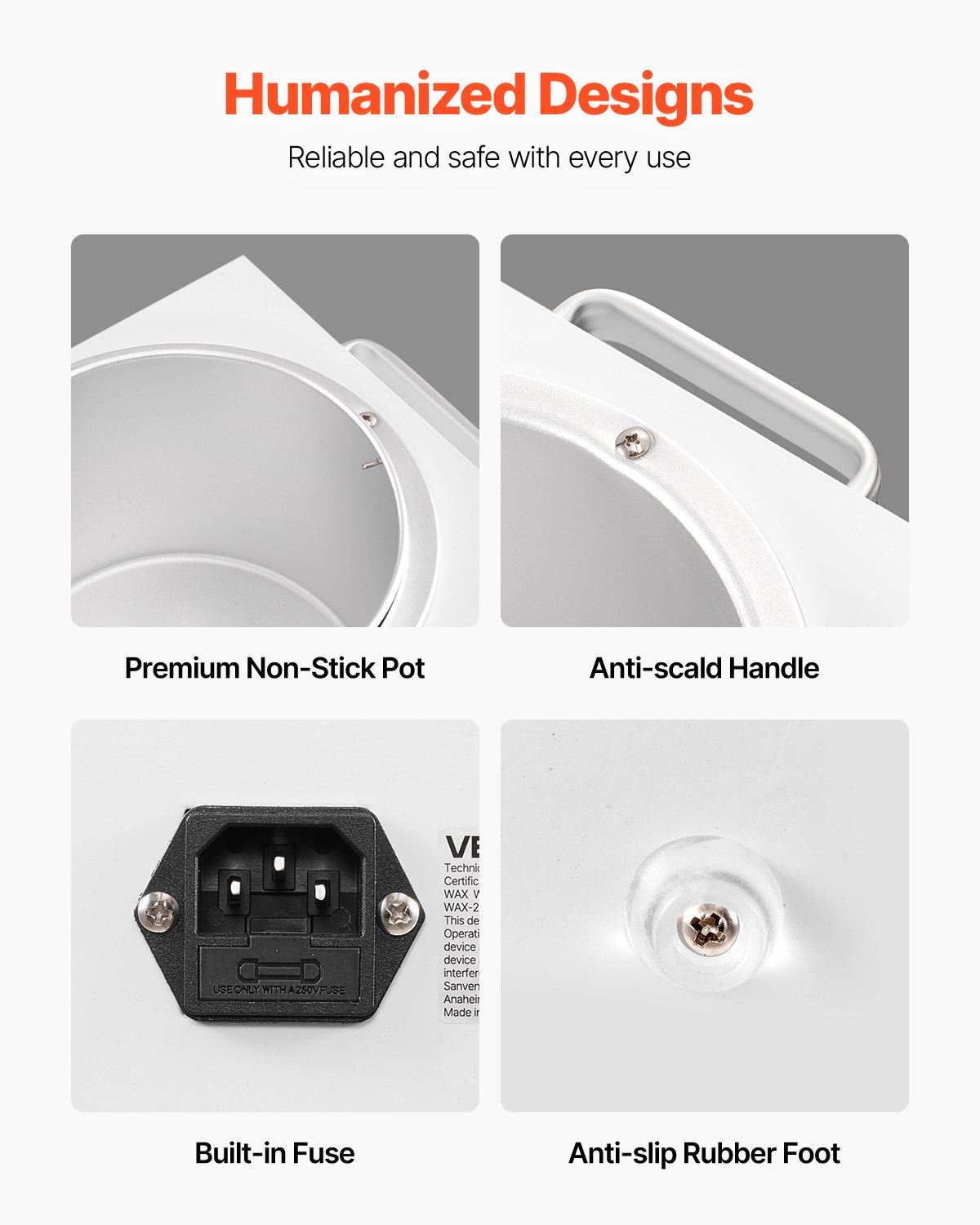 Close-up of white 3000ml wax warmer features: non-stick pot, anti-scald handle, built-in fuse, and anti-slip rubber foot.