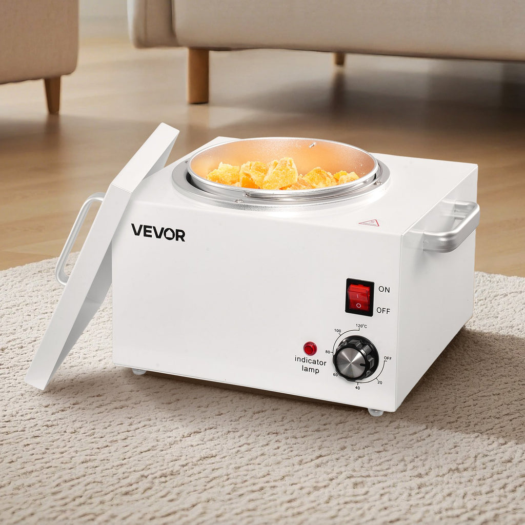White VEVOR 3000ml wax warmer with metal body, removable lid, temperature dial, power switch, and melting yellow wax.