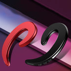 Red and black bone conduction Bluetooth sports headphones with button controls on a purple background.