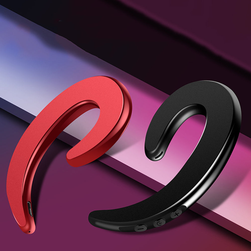 Red and black bone conduction Bluetooth sports headphones with button controls on a purple background.