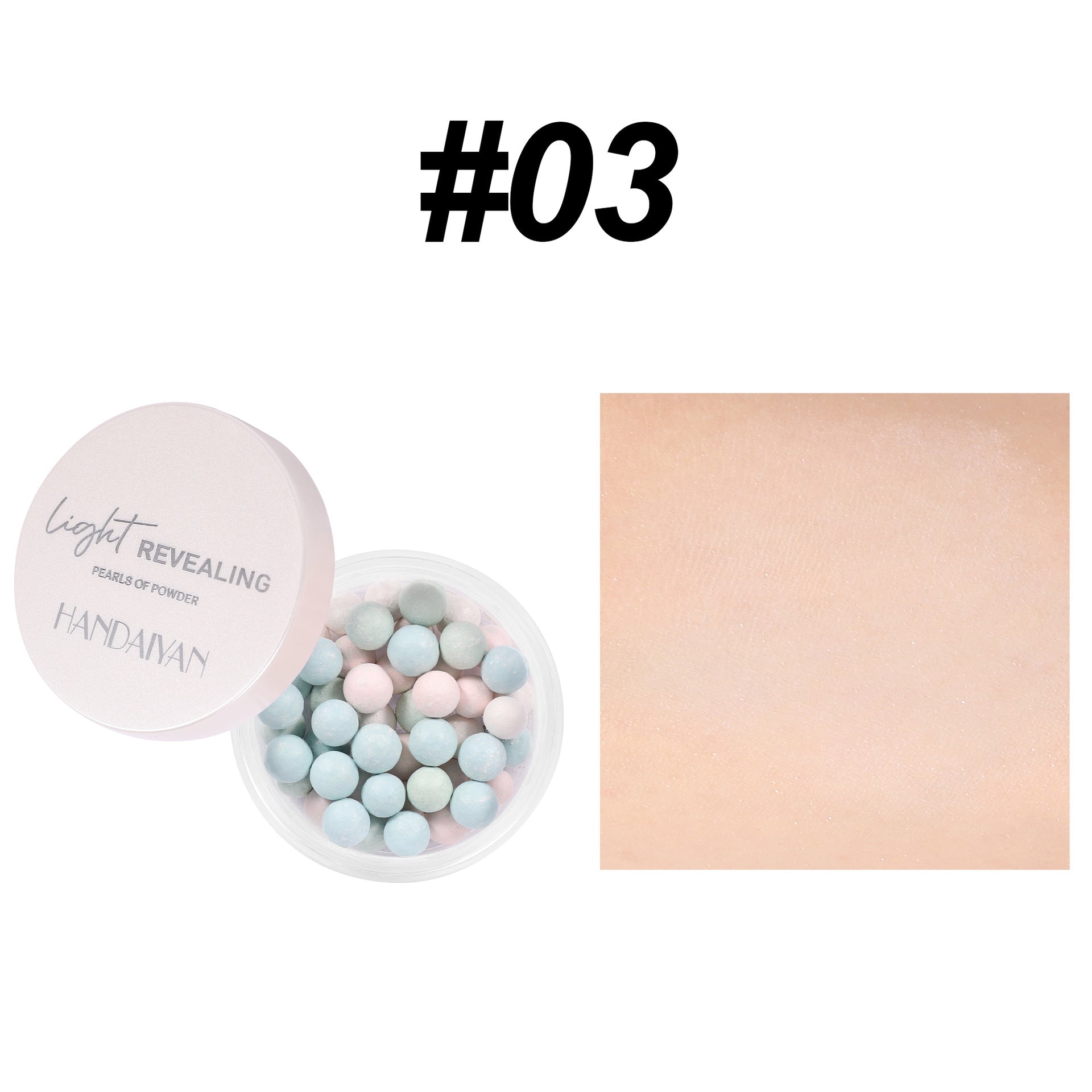 Handaiyan #03 loose powder pearls in a jar with five-color balls and a swatch showing a smooth, matte finish.