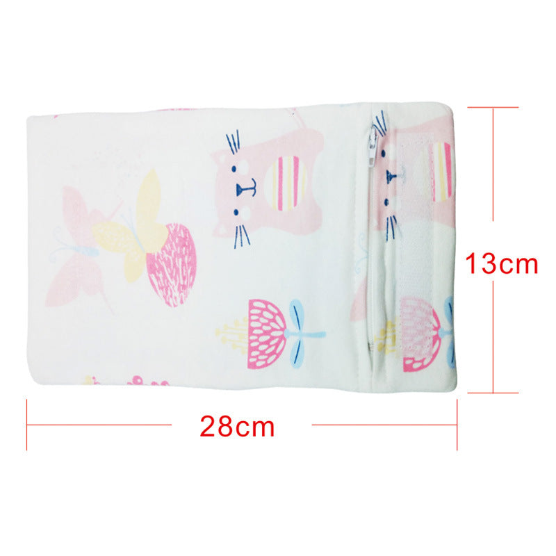 Portable USB baby bottle warmer wrap, white fabric with pink cat and butterfly pattern, zippered side, 28x13cm.