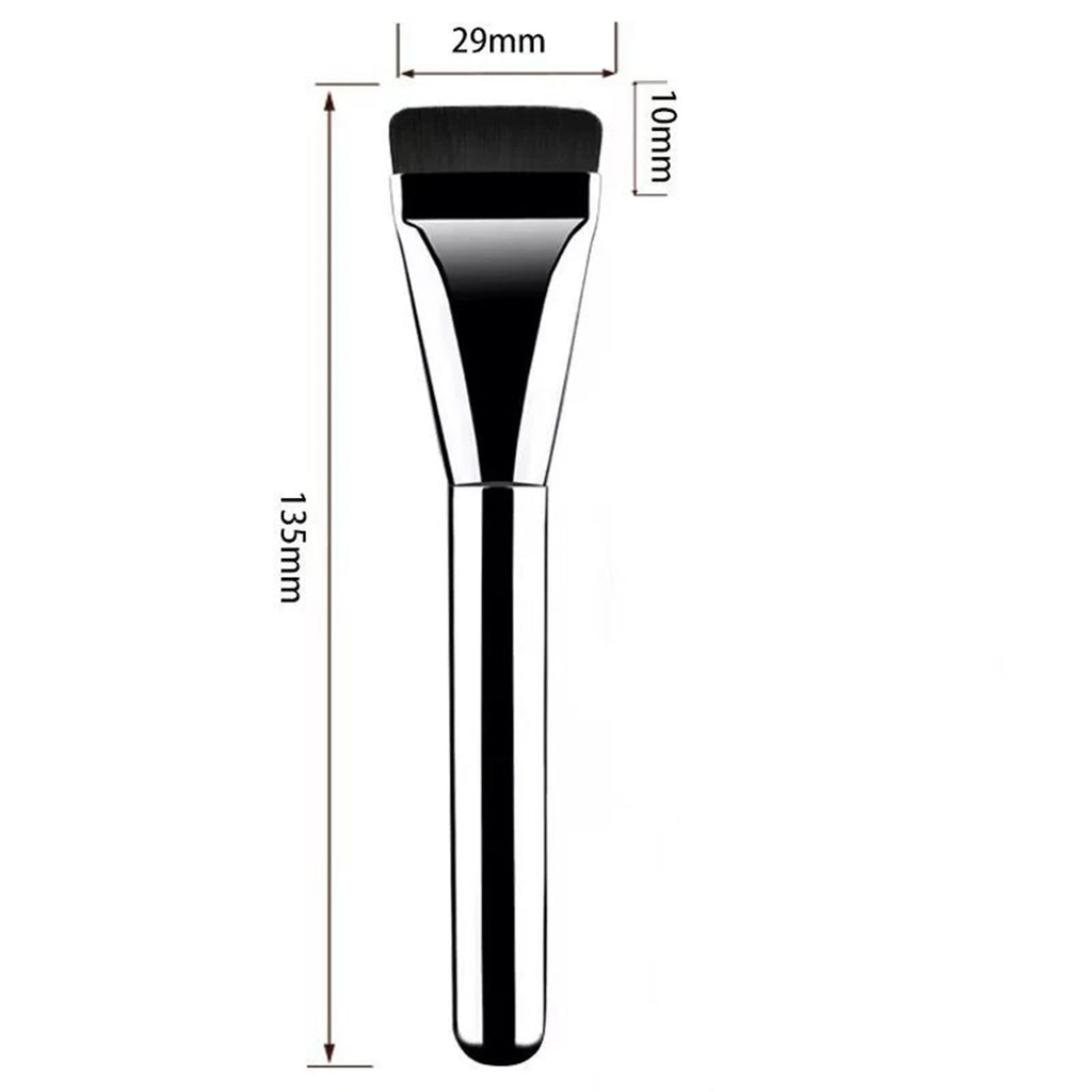 An ultra-thin, flat-headed makeup brush with black bristles and a metallic silver handle, shown with dimension labels.