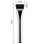 An ultra-thin, flat-headed makeup brush with black bristles and a metallic silver handle, shown with dimension labels.
