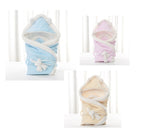 Blue, pink, and cream newborn baby swaddle blankets with white fleece lining, hood, and tie-front bow closure.