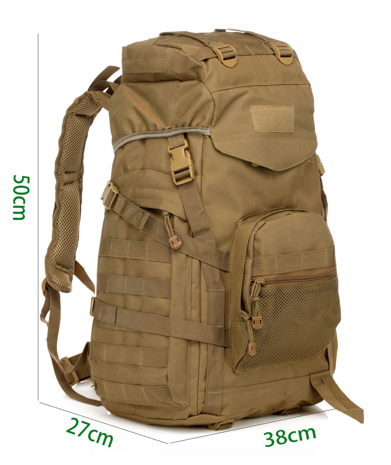 Tan tactical 60L hiking backpack with molle webbing, mesh front pocket, buckled straps, and dimensions marked.