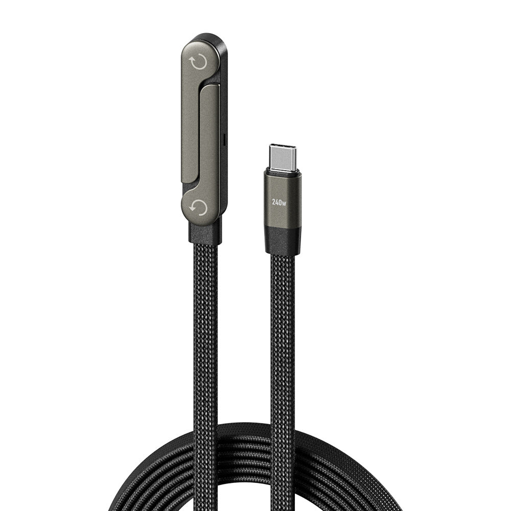 Gunmetal grey foldable 240W Type-C cable with a built-in stand, featuring a braided black cord against a white background.