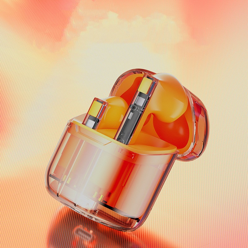 Digitaldistribution375 TWS earbuds in a transparent orange charging case with visible internal tech, sunny background.