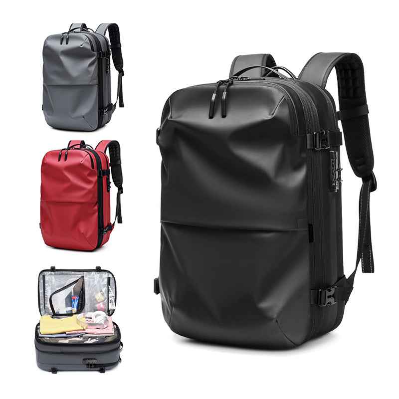 Minimalist, waterproof travel backpacks in black, gray, and red, featuring a side security lock and spacious organizer.