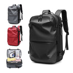 Minimalist, waterproof travel backpacks in black, gray, and red, featuring a side security lock and spacious organizer.