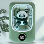 Olive green rechargeable hand warmer featuring a clear display window with a 3D panda figure and a digital temp readout.