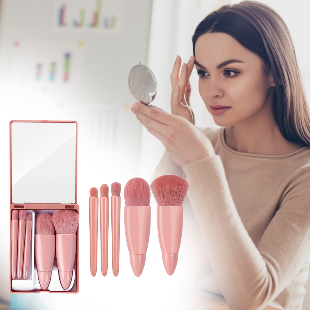 A 5-piece dusty pink makeup brush set with a built-in mirror case, shown next to a woman applying cosmetics.