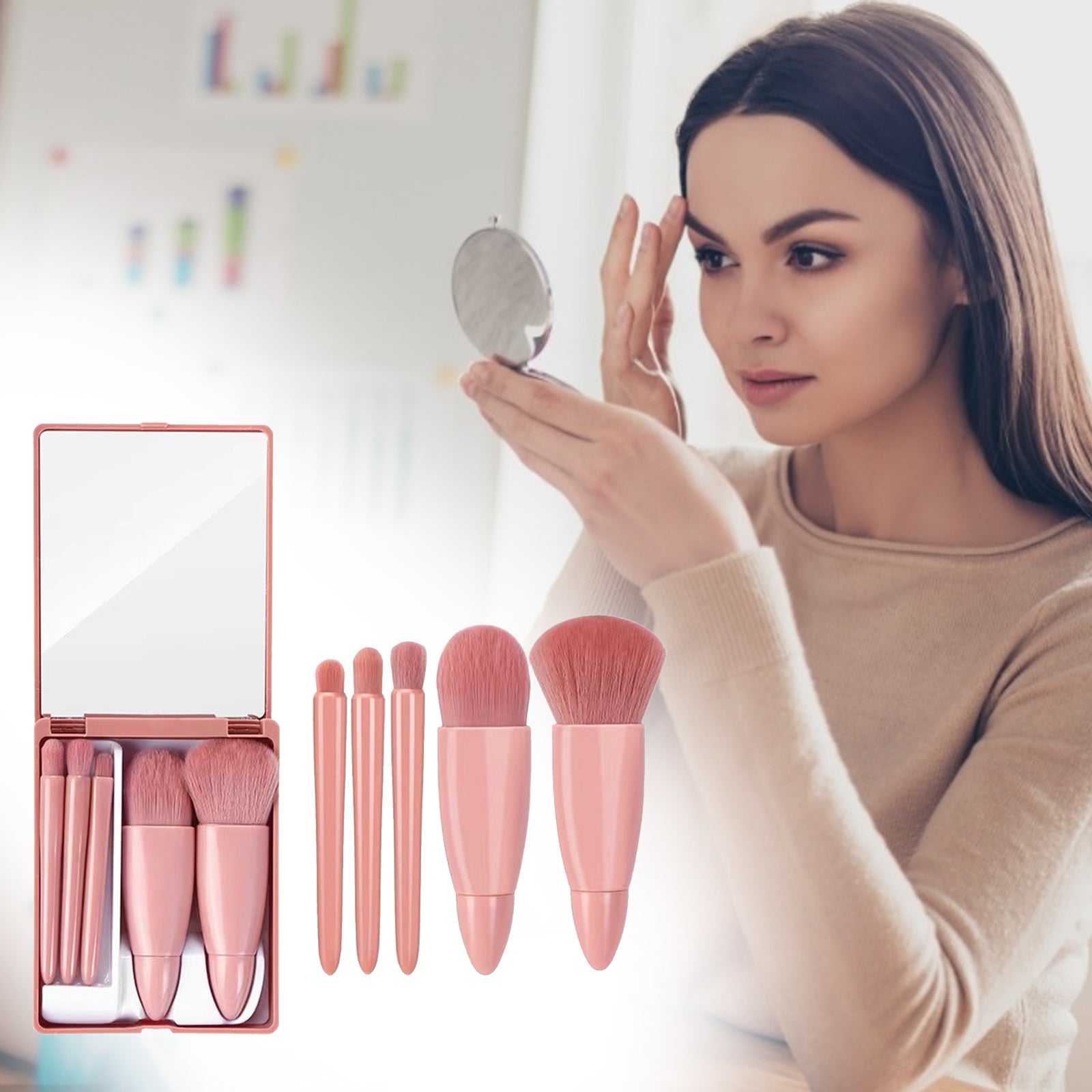 A 5-piece dusty pink makeup brush set with a built-in mirror case, shown next to a woman applying cosmetics.
