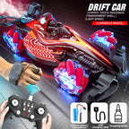 Red and black F1-style drift RC car with glowing wheels, rear exhaust spray, wrist remote, and controller.