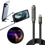 Braided 240W 2-in-1 Type-C cable with integrated grey folding stand to prop up smartphones in landscape or portrait.