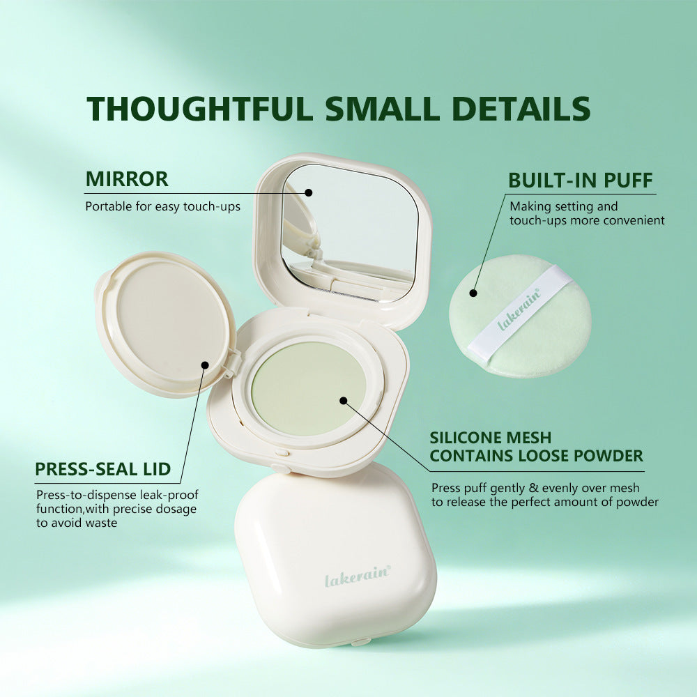 Lakerain loose powder compact on mint background showing mirror, press-seal lid, silicone mesh, and puff applicator.